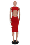 Red Sexy Casual Solid Hollowed Out Backless O Neck Sleeveless Dress
