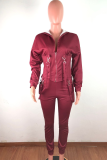 Wine Red Casual Solid Patchwork Draw String Hooded Collar Long Sleeve Two Pieces