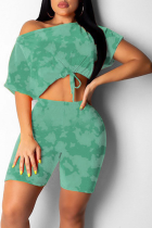 Light Green Casual Print Split Joint One Shoulder Short Sleeve Two Pieces