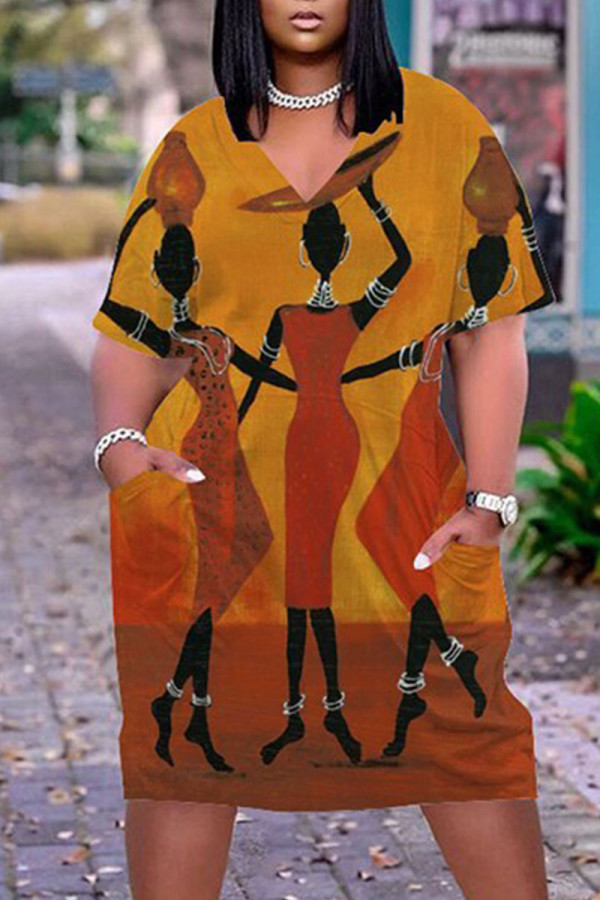Brown Casual Street Print Patchwork V Neck Straight Dresses