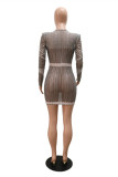 Grey Fashion Sexy Patchwork Hot Drilling See-through Beading V Neck Long Sleeve Dresses