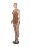 Coffee Sexy Solid Draw String Spaghetti Strap Pencil Skirt Dresses
