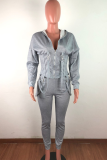 Grey Casual Solid Patchwork Draw String Hooded Collar Long Sleeve Two Pieces