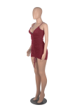 Coffee Sexy Solid Draw String Spaghetti Strap Pencil Skirt Dresses