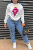 White Fashion Casual Lips Printed Patchwork O Neck Tops