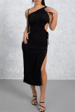 Black Sexy Casual Solid Bandage Hollowed Out Backless Slit Spaghetti Strap Sleeveless Dress