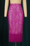 Purple Sexy Print Tassel Patchwork Straight High Waist Straight Full Print Bottoms