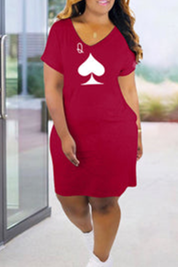 Burgundy Casual Print Patchwork V Neck Straight Dresses