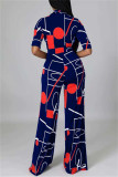 Deep Blue Fashion Casual Print Basic V Neck Regular Jumpsuits