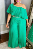 Green Casual Solid Split Joint Fold Off the Shoulder Plus Size Jumpsuits