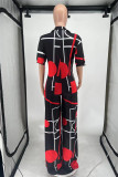 Deep Blue Fashion Casual Print Basic V Neck Regular Jumpsuits