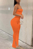 Red Sexy Solid Split Joint Slit Strapless Regular Jumpsuits