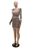 Grey Fashion Sexy Patchwork Hot Drilling See-through Beading V Neck Long Sleeve Dresses