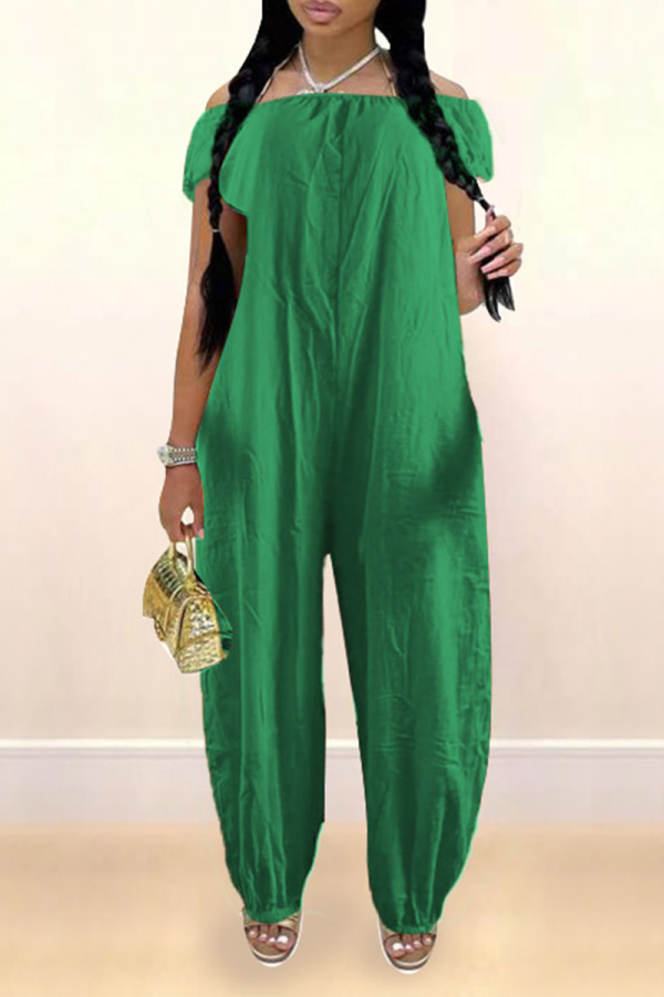 Green Casual Solid Patchwork Off the Shoulder Harlan Jumpsuits