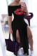 Red Casual Street Print Patchwork Slit Off the Shoulder Straight Dresses