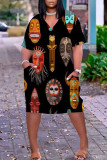 Colour Casual Street Print Patchwork V Neck Straight Dresses