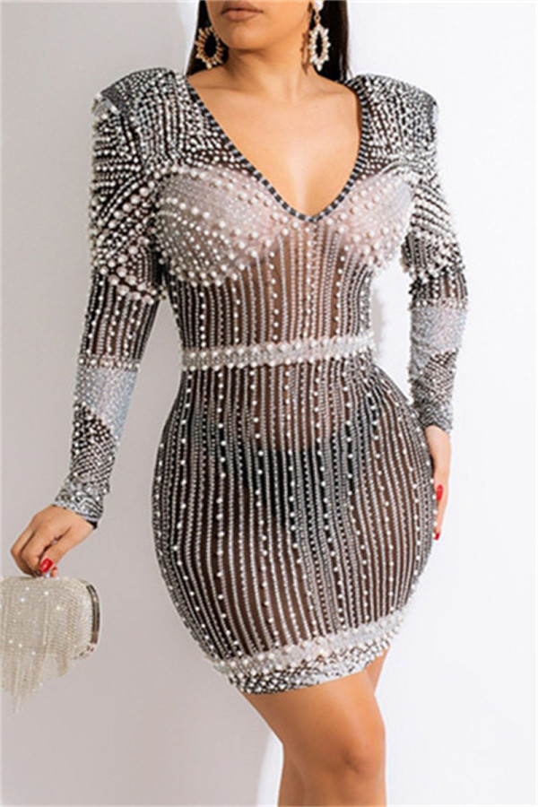 Grey Fashion Sexy Patchwork Hot Drilling See-through Beading V Neck Long Sleeve Dresses