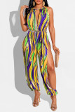 Red Sexy Print Hollowed Out Patchwork Slit O Neck Straight Jumpsuits