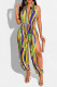 Yellow Sexy Print Hollowed Out Patchwork Slit O Neck Straight Jumpsuits