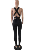 Pink Sexy Casual Solid Bandage Backless V Neck Skinny Jumpsuits