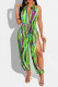 Green Sexy Print Hollowed Out Patchwork Slit O Neck Straight Jumpsuits