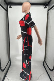 Deep Blue Fashion Casual Print Basic V Neck Regular Jumpsuits