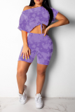 Purple Casual Print Patchwork One Shoulder Short Sleeve Two Pieces