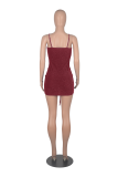 Coffee Sexy Solid Draw String Spaghetti Strap Pencil Skirt Dresses