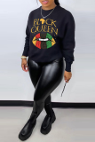 Black Fashion Street Lips Printed Patchwork Letter O Neck Tops