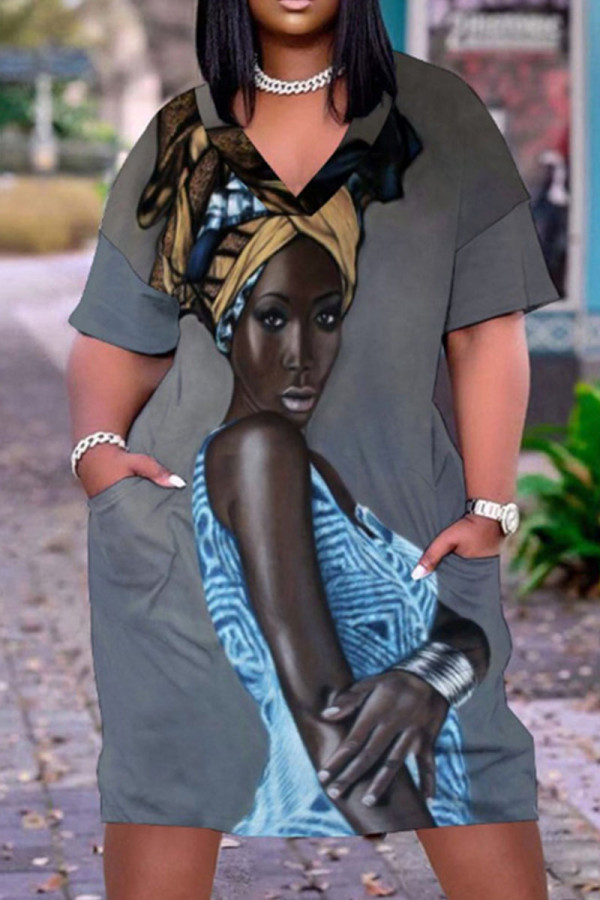 Dark Gray Casual Street Print Patchwork V Neck Straight Dresses