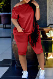 Red Fashion Casual Solid Basic Oblique Collar Short Sleeve Two Pieces
