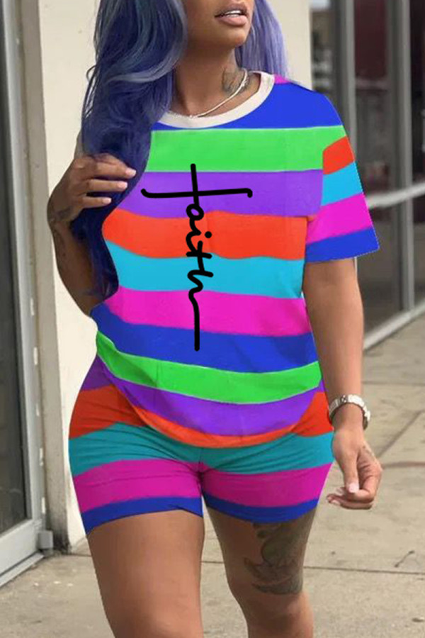 Multicolor Fashion Casual Striped Print Basic O Neck Short Sleeve Two Pieces