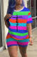 Multicolor Fashion Casual Striped Print Basic O Neck Short Sleeve Two Pieces