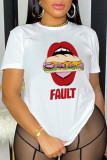 White Fashion Street Print Patchwork O Neck T-Shirts