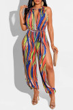 Red Sexy Print Hollowed Out Patchwork Slit O Neck Straight Jumpsuits