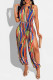 Red Sexy Print Hollowed Out Patchwork Slit O Neck Straight Jumpsuits