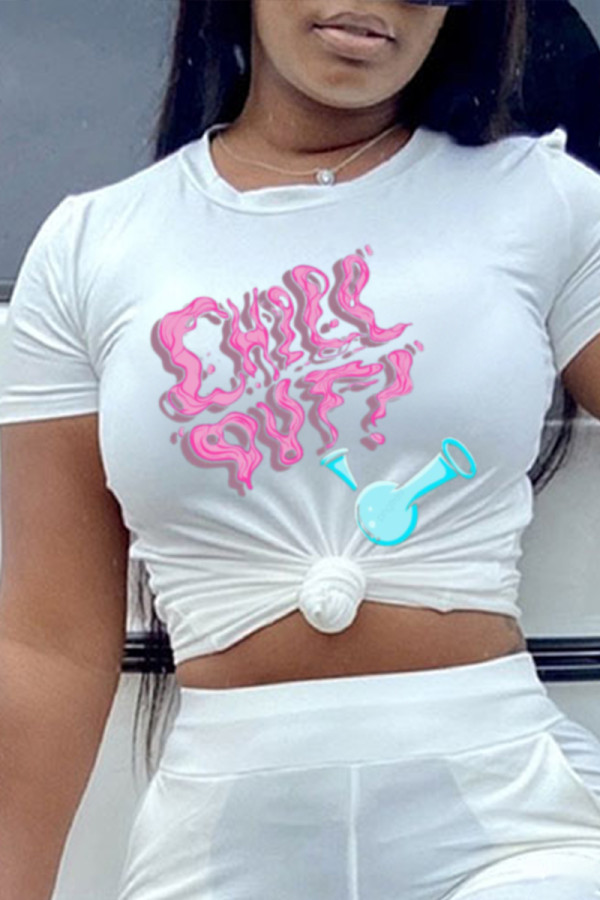 White Fashion Casual Print Patchwork Letter O Neck T-Shirts