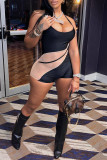 Black Fashion Sexy Patchwork Backless Halter Skinny Romper