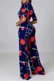Deep Blue Fashion Casual Print Basic V Neck Regular Jumpsuits