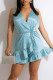 Light Blue Sexy Solid Patchwork Backless Flounce V Neck Straight Rompers