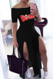 Red Casual Street Print Patchwork Slit Off the Shoulder Straight Dresses