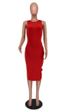Red Sexy Casual Solid Hollowed Out Backless O Neck Sleeveless Dress