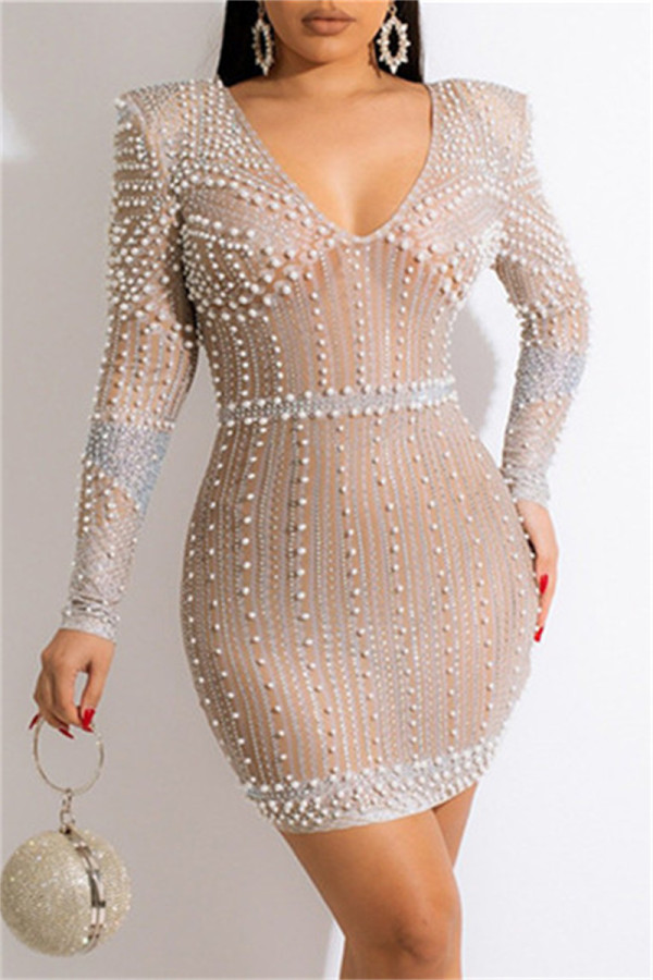 Apricot Fashion Sexy Patchwork Hot Drilling See-through Beading V Neck Long Sleeve Dresses