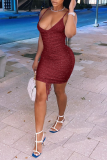 Coffee Sexy Solid Draw String Spaghetti Strap Pencil Skirt Dresses
