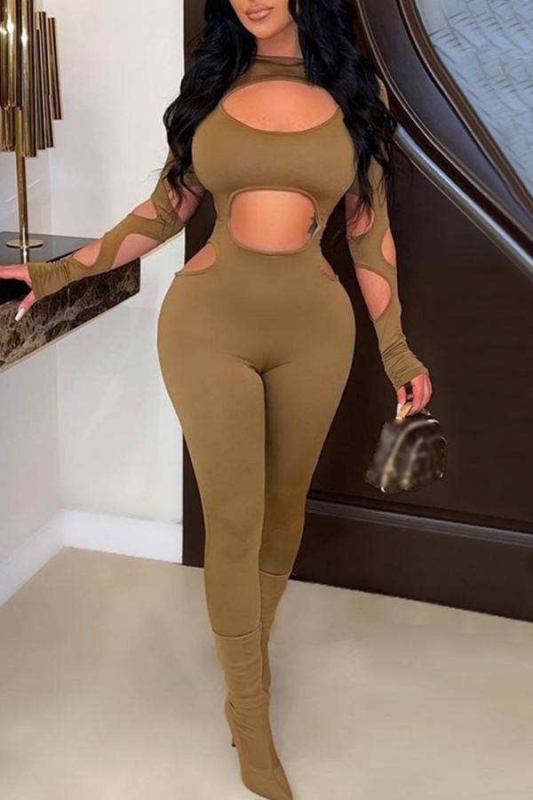 Camel Fashion Sexy Solid Hollowed Out O Neck Skinny Jumpsuits