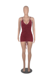 Coffee Sexy Solid Draw String Spaghetti Strap Pencil Skirt Dresses