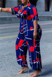 Deep Blue Fashion Casual Print Basic V Neck Regular Jumpsuits