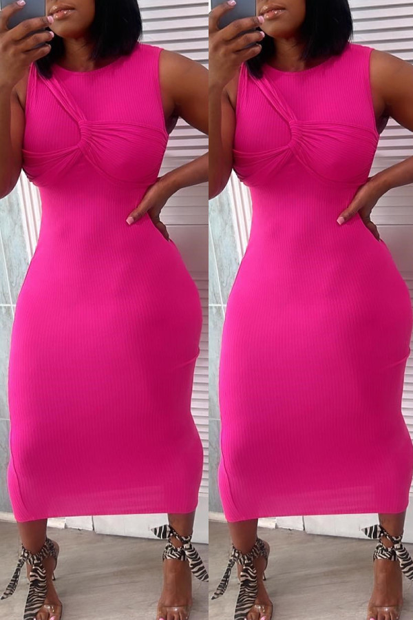 Rose Red Fashion Casual Solid Patchwork O Neck Sleeveless Dress