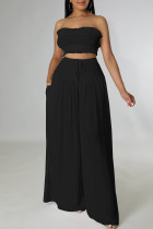 Black Sexy Solid Split Joint Stringy Selvedge Strapless Sleeveless Two Pieces