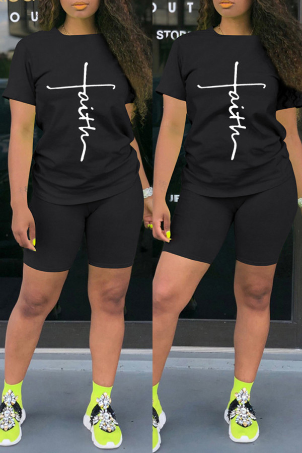 Black Fashion Casual Print Basic O Neck Short Sleeve Two Pieces